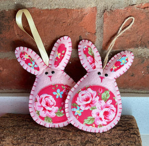 Easter -  Felt Bunny Decoration - Pink With Bright Floral Fabric - Quirky Threads Art