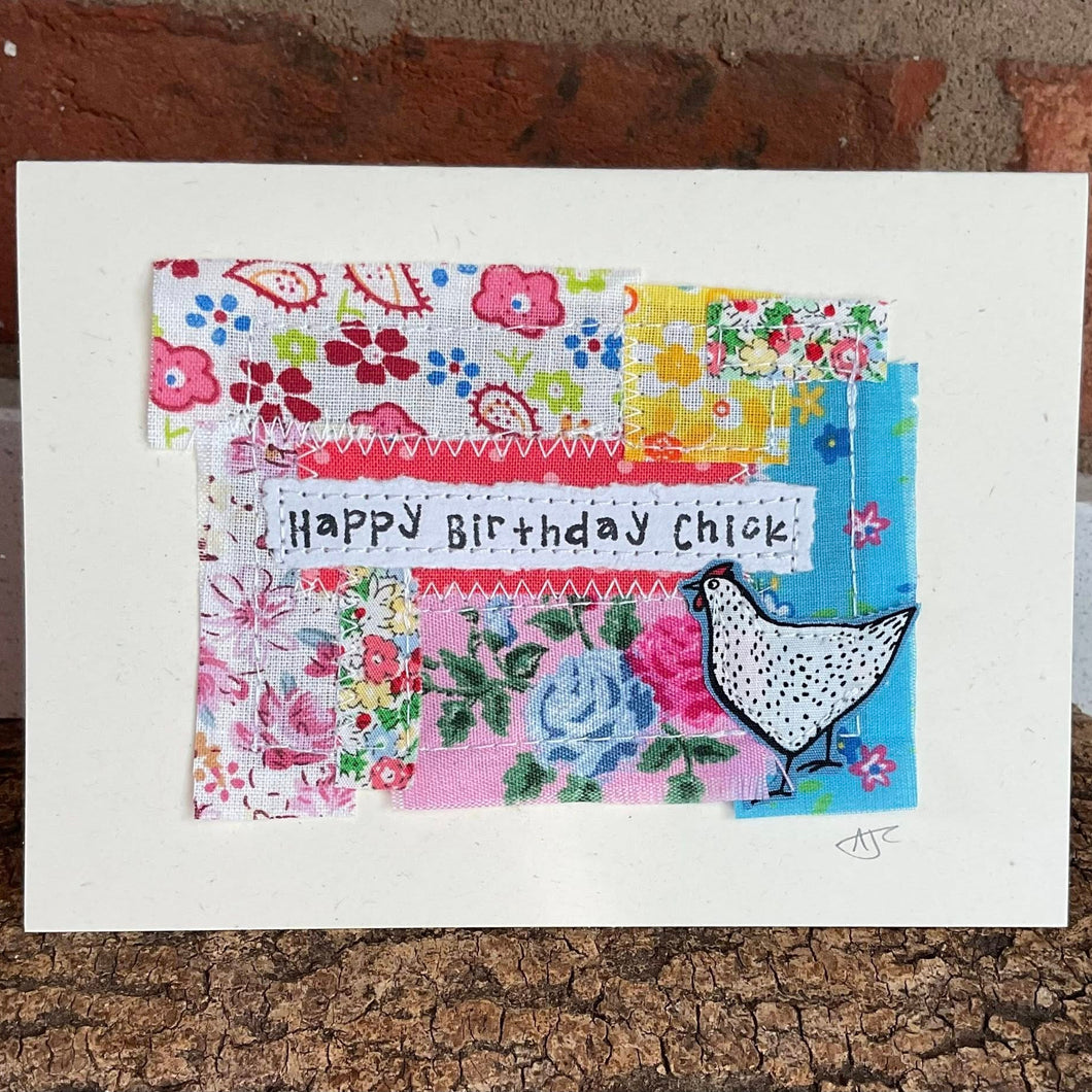 Greetings Card - Happy Birthday Chick - Fabric Collage Card - Quirky Threads Art