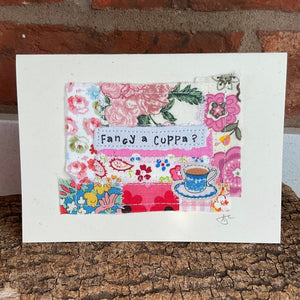 Greetings Card - Fancy A Cuppa? - Fabric Collage Card - Quirky Threads Art