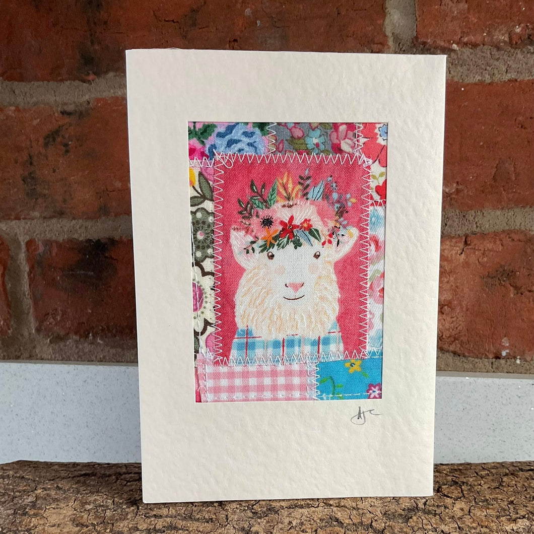 Greetings Card - Woolly Sheep - Fabric Collage Card - Quirky Threads Art