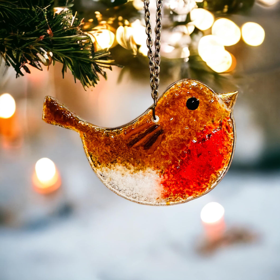 Robin Hanging Glass Decoration - Small - Fused Glass - Twice Fired