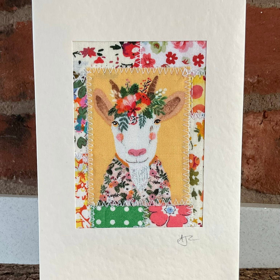 Greetings Card - Glorious Goat - Fabric Collage Card - Quirky Threads Art