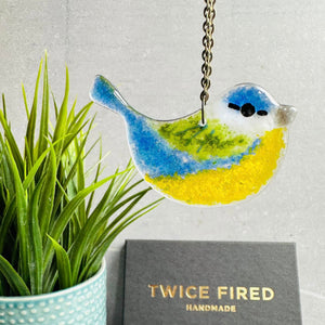 Blue Tit Hanging Glass Decoration - Small - Fused Glass - Twice Fired