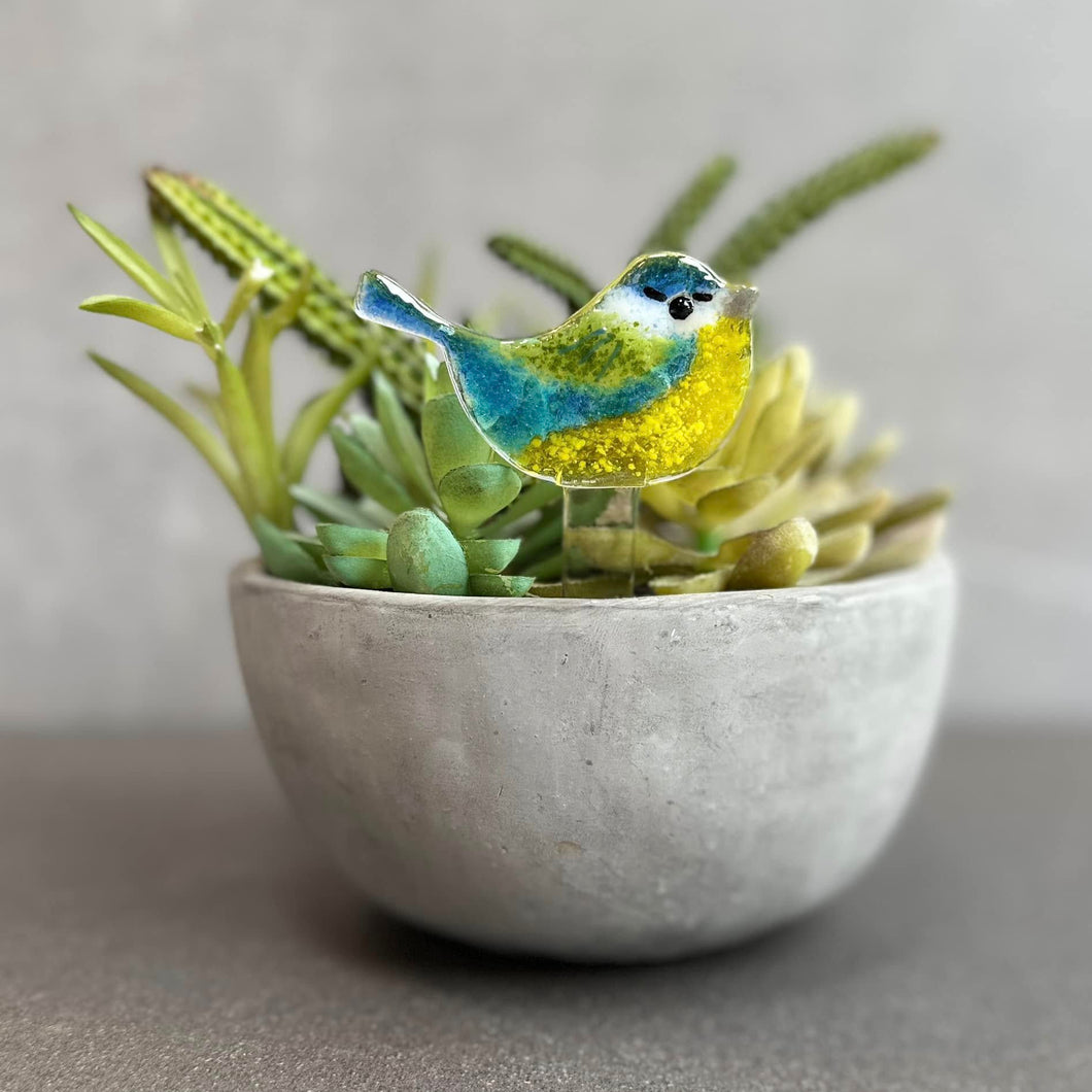 Blue Tit - Small Glass Plant Stake - Fused Glass - Twice Fired