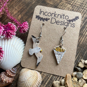 Seagull and Chips Hook Earrings - Natural Cork Jewellery - Incorknito Designs