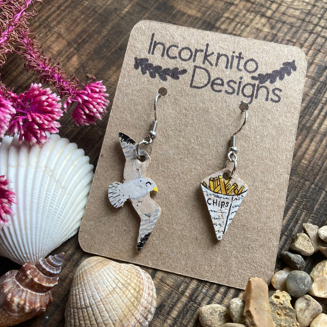 Seagull and Chips Hook Earrings - Natural Cork Jewellery - Incorknito Designs
