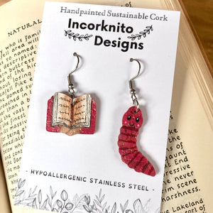Pink Book Worm Hook Earrings - Natural Cork Jewellery - Incorknito Designs