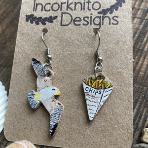 Seagull and Chips Hook Earrings - Natural Cork Jewellery - Incorknito Designs