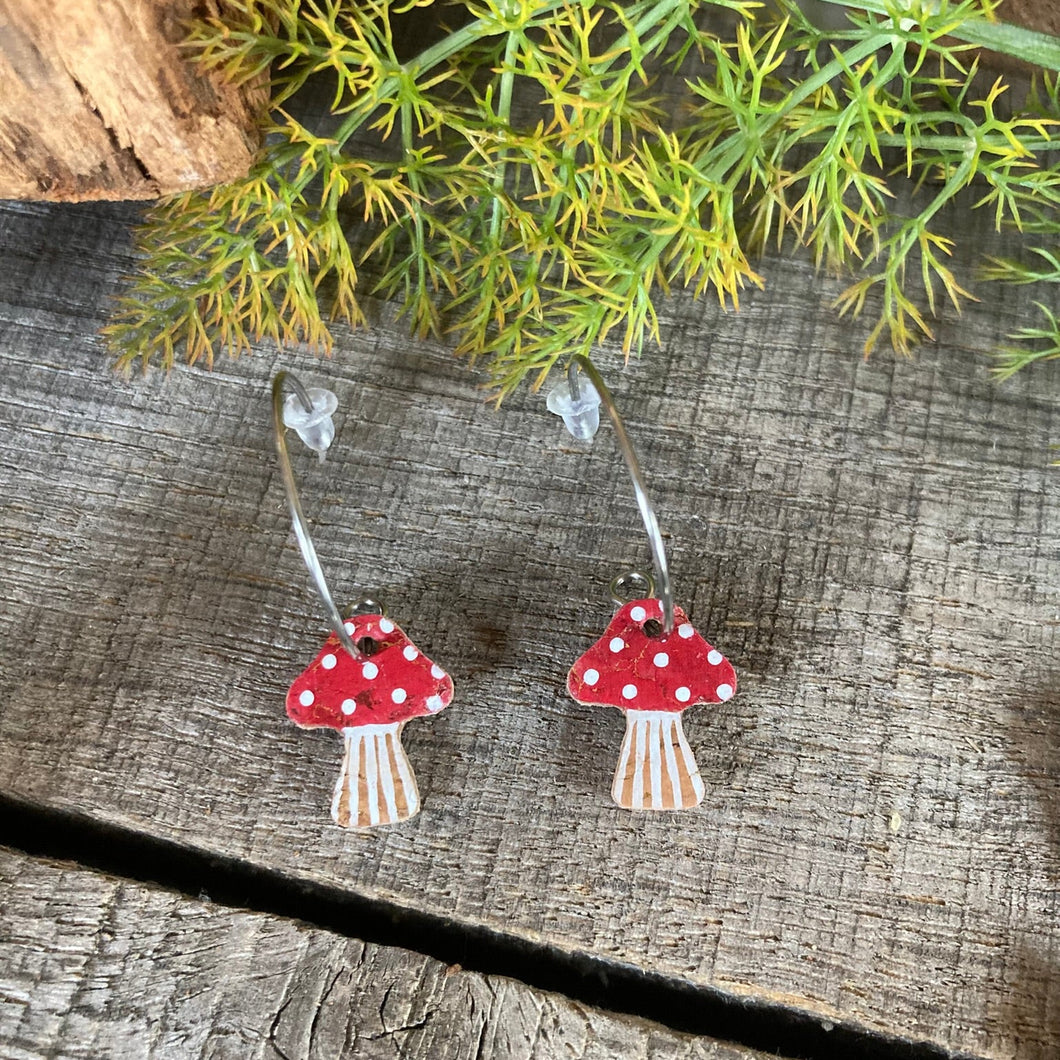 Red Toadstool Open Hoop Earrings - Gold or Silver findings - Natural Cork Jewellery - Incorknito Designs