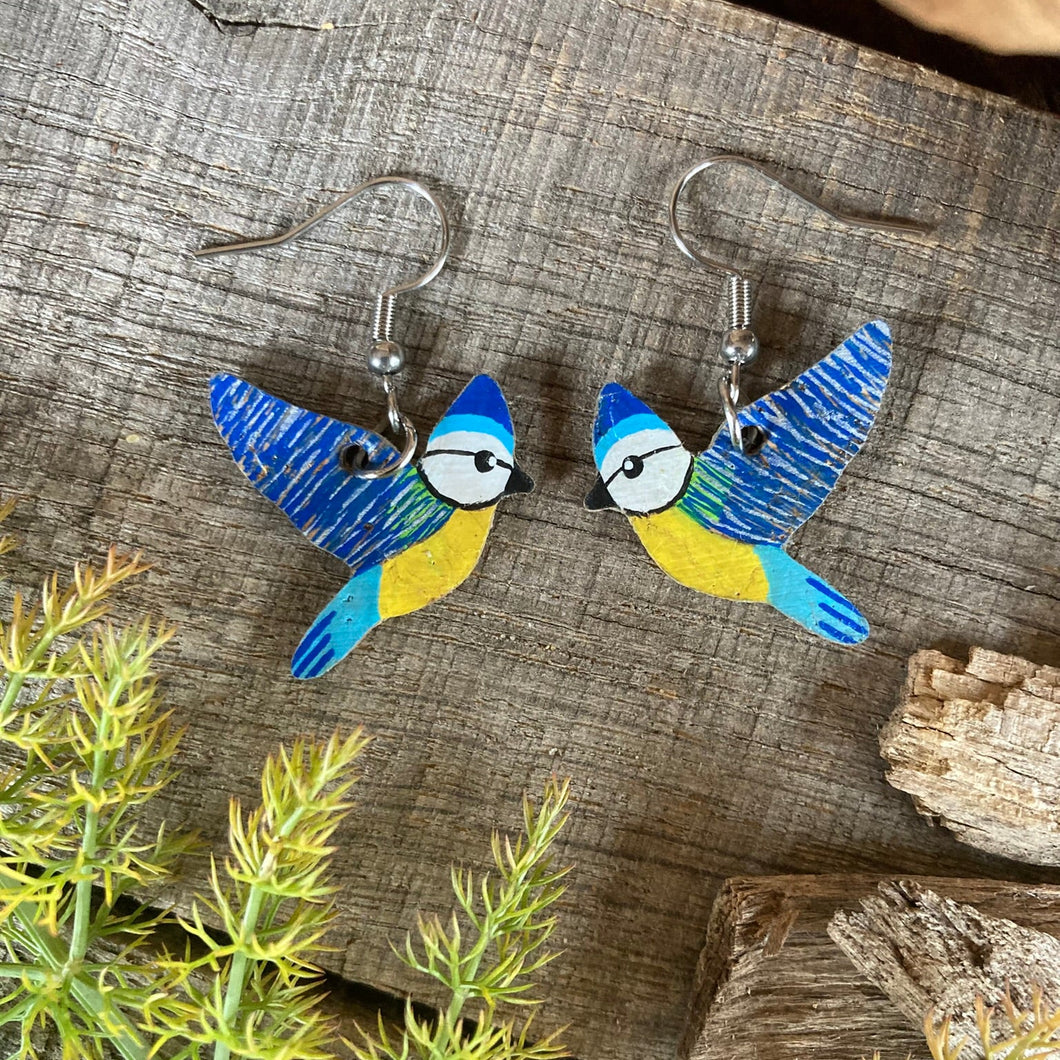 Blue Tit Hook Earrings - Natural Cork Jewellery - Incorknito Designs