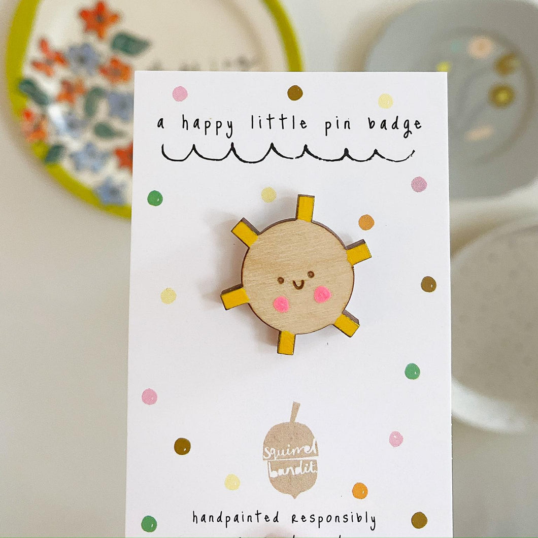 Smiley Sun Wooden Pin Badge - Squirrelbandit