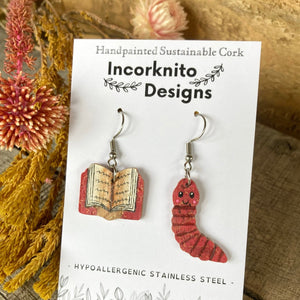 Pink Book Worm Hook Earrings - Natural Cork Jewellery - Incorknito Designs