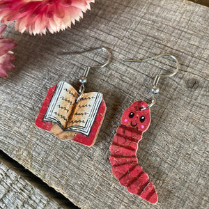 Pink Book Worm Hook Earrings - Natural Cork Jewellery - Incorknito Designs