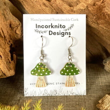 Load image into Gallery viewer, Green Toadstool Hook Earrings - Natural Cork Jewellery - Incorknito Designs
