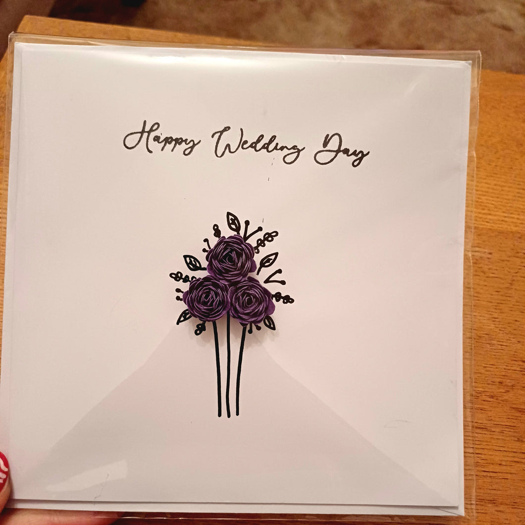 Greetings Card - Happy Wedding Day - Purple Hand Rolled Paper Rose Bouquet - Flowers by Laurzy