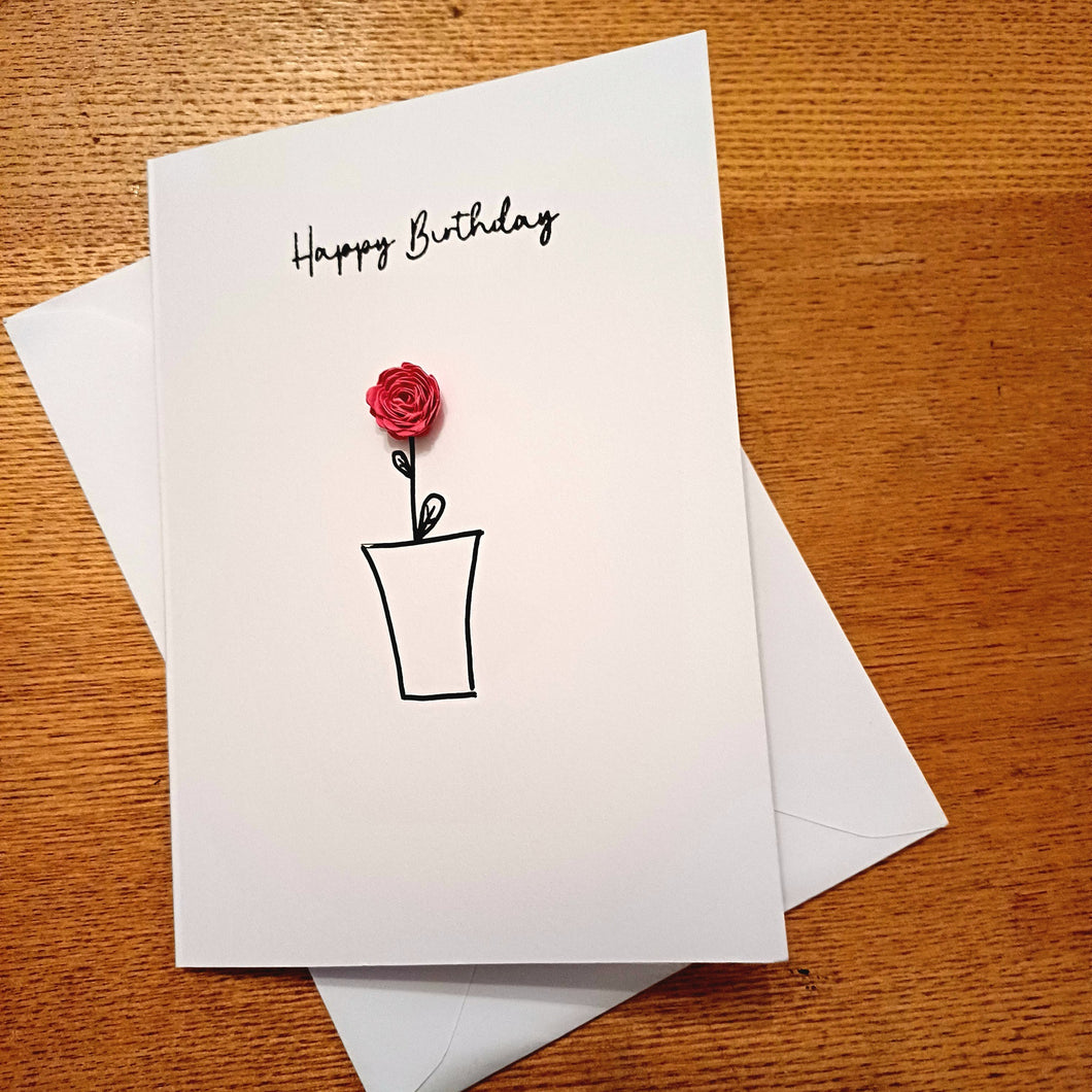 Greetings Card - Happy Birthday - Pink Hand Rolled Paper Rose - Flowers by Laurzy