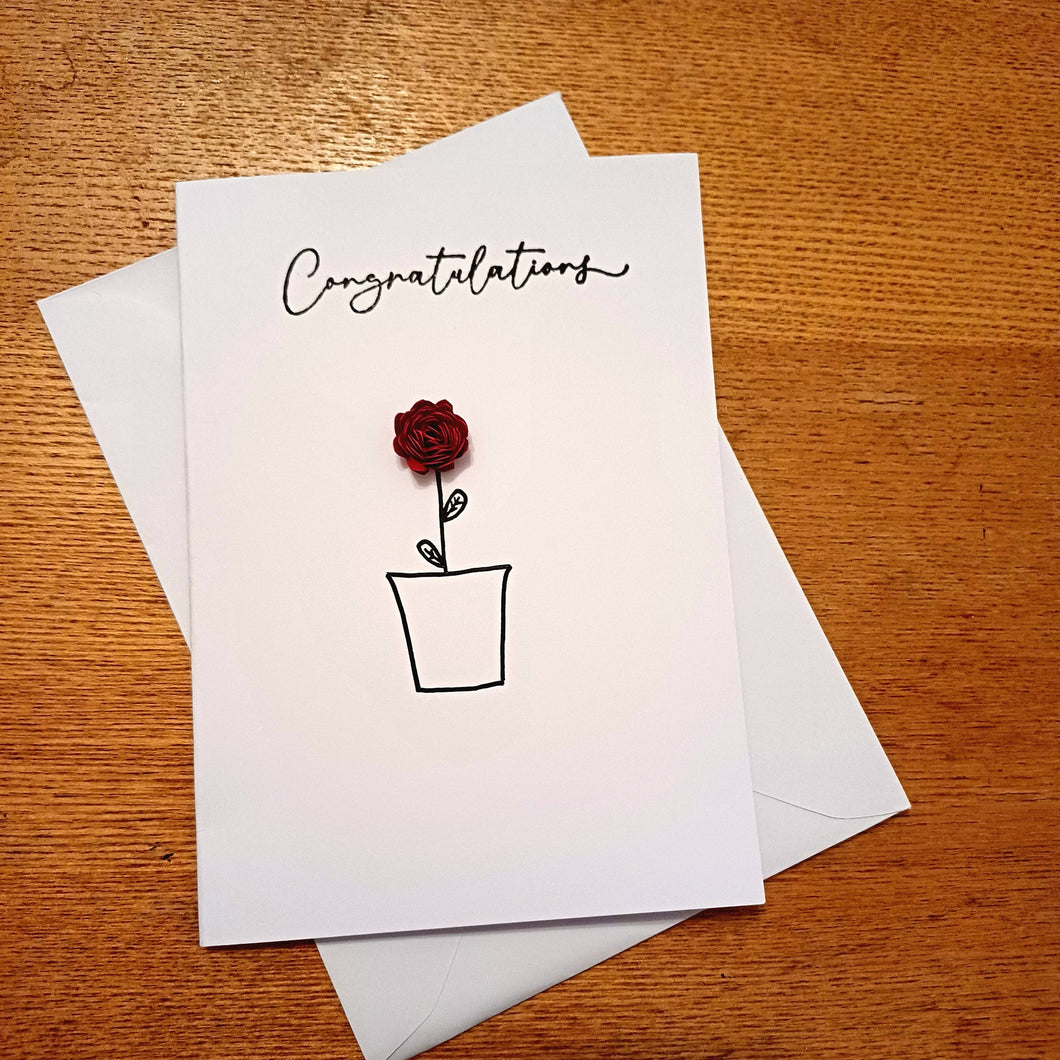 Greetings Card - Congratulations - Red Hand Rolled Paper Rose - Flowers by Laurzy