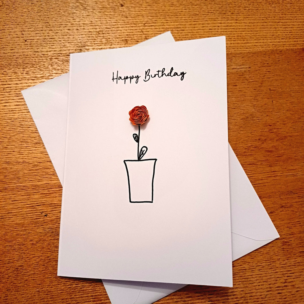 Greetings Card - Happy Birthday - Orange Hand Rolled Paper Rose - Flowers by Laurzy