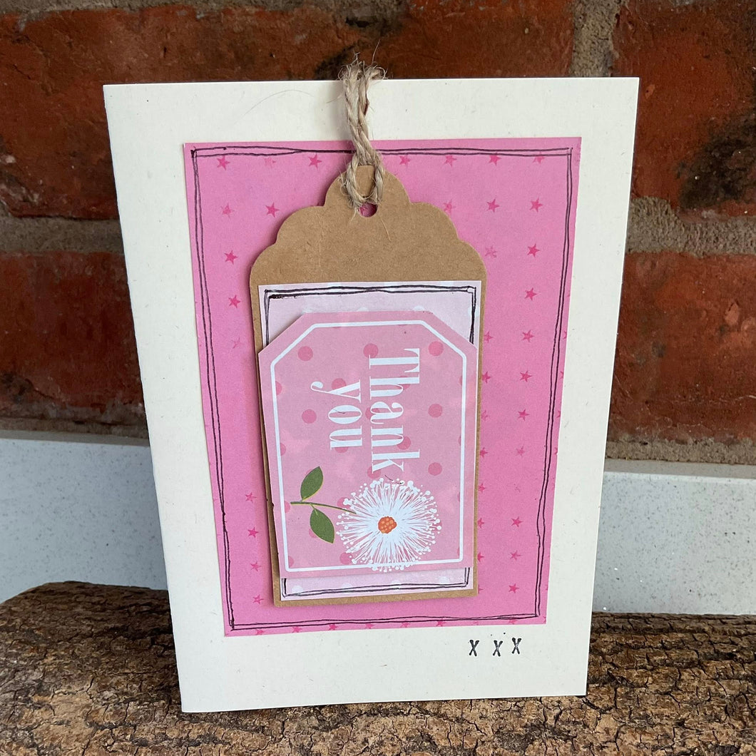 Greetings Card - Thank You - Collage Card with removable swing tag - Quirky Threads Art