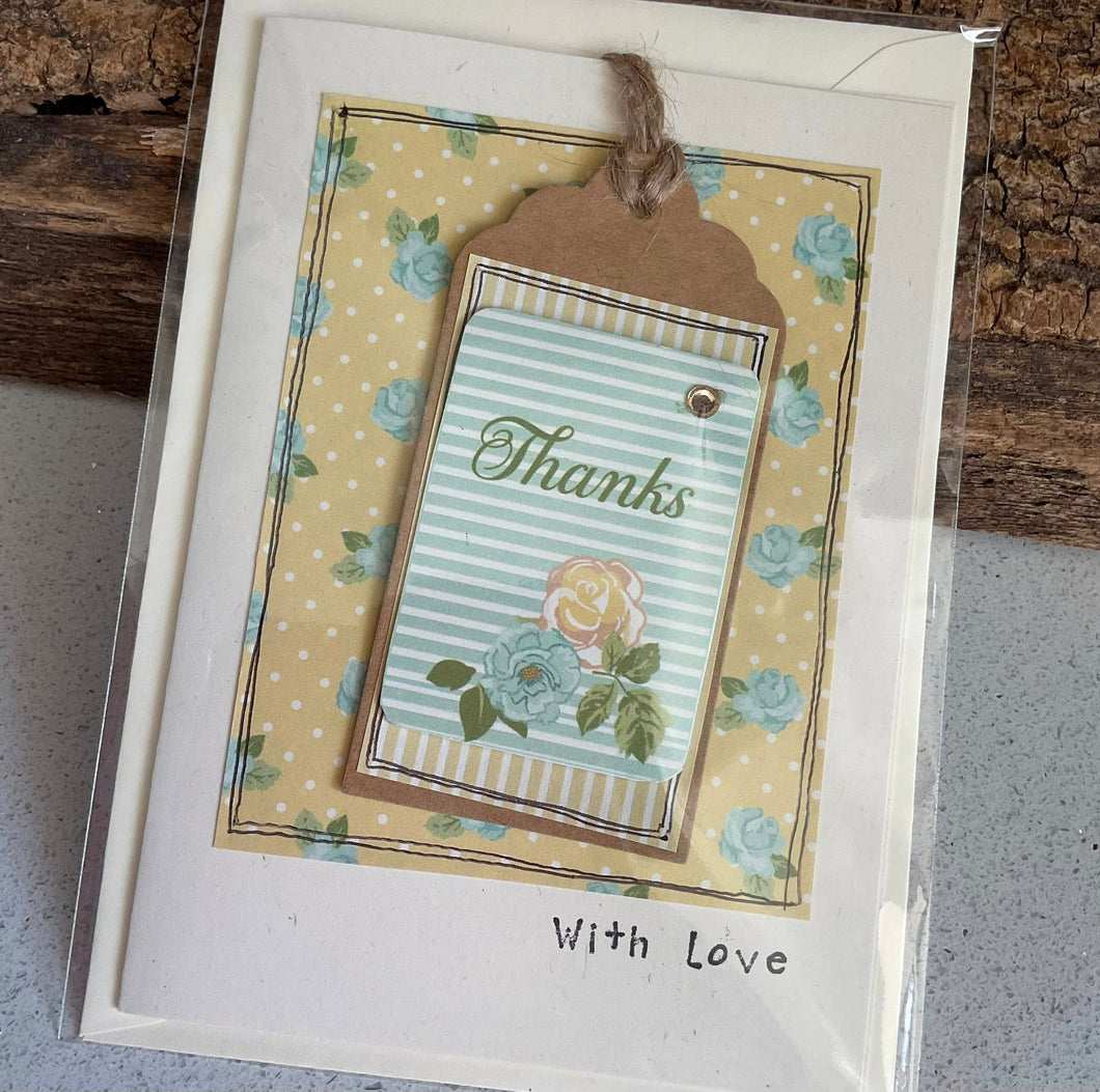 Greetings Card - Thanks - With Love - Collage Card with removable swing tag - Quirky Threads Art
