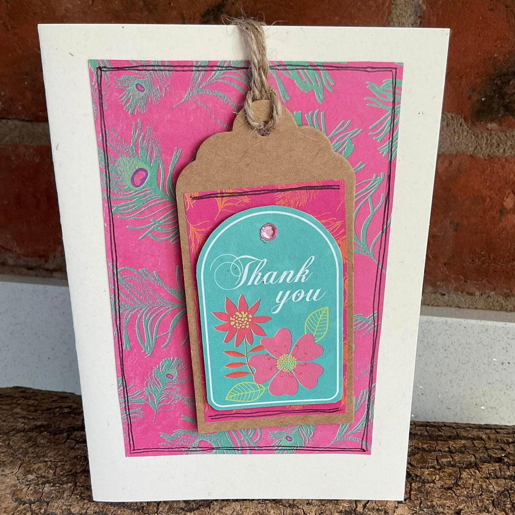 Greetings Card - Thank You - Collage Card with removable swing tag - Quirky Threads Art