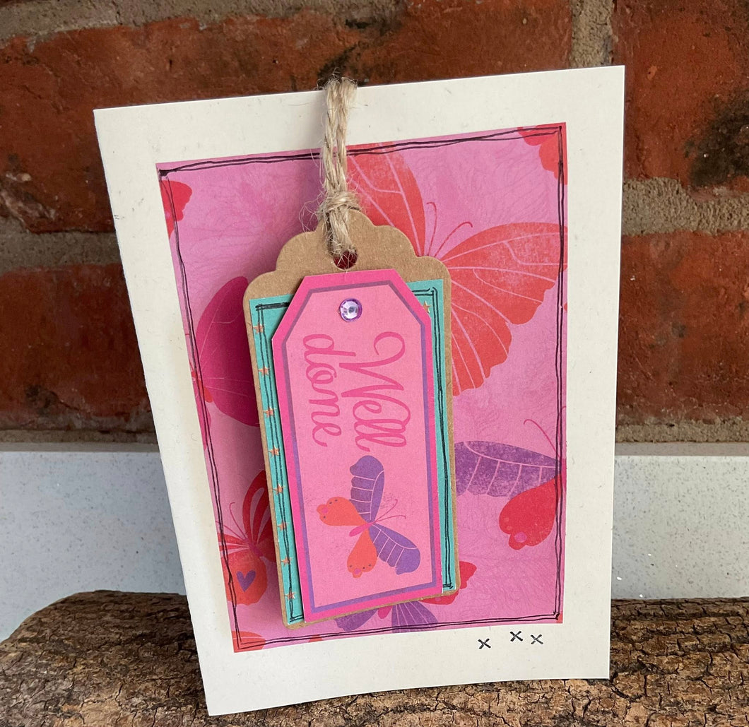 Greetings Card - Well Done - Collage Card with removable swing tag - Quirky Threads Art