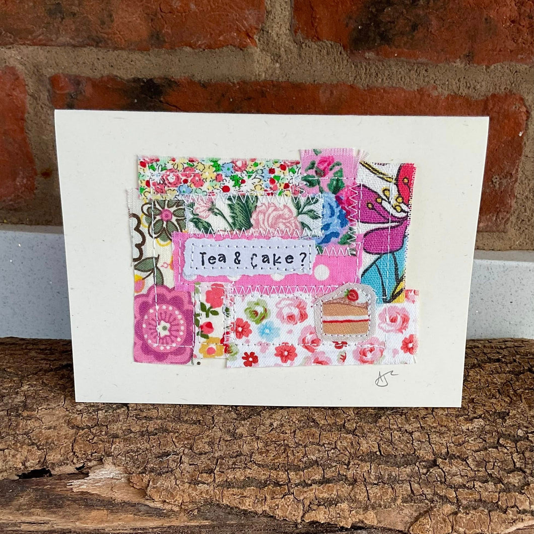 Greetings Card - Tea and Cake - Fabric Collage Card - Quirky Threads Art - Tea Lovers