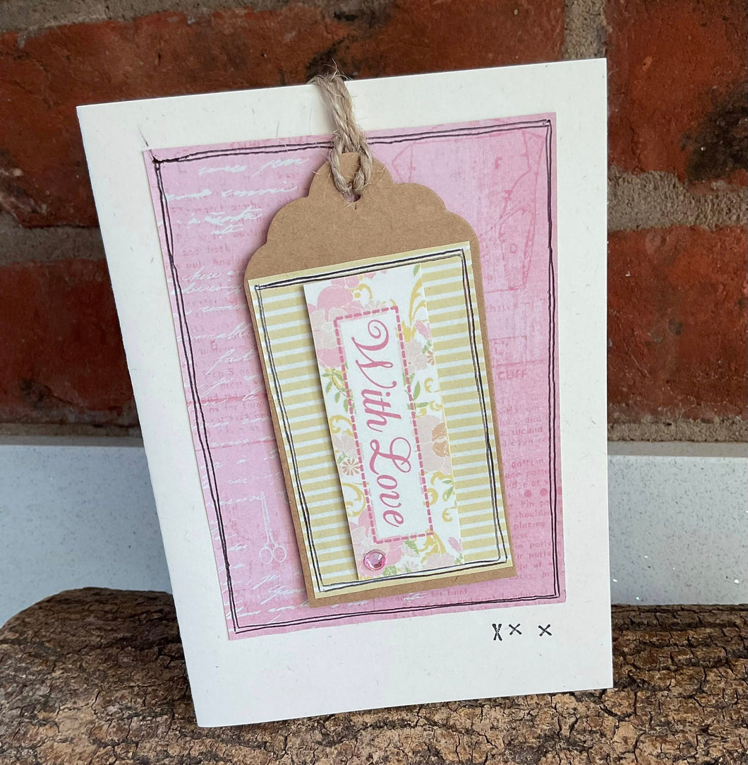 Greetings Card - With Love - Collage Card with removable swing tag - Quirky Threads Art