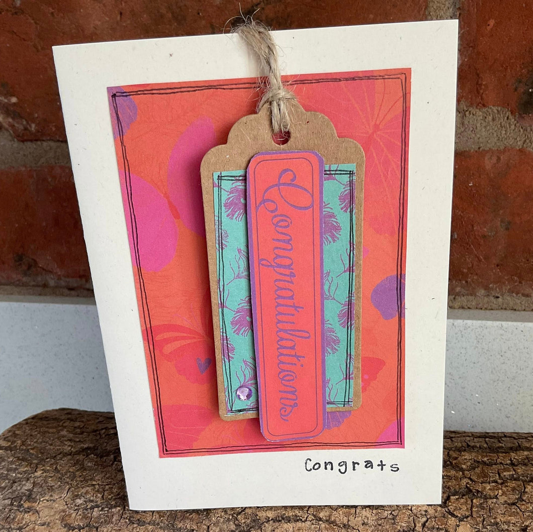 Greetings Card - Congratulations - Collage Card with removable swing tag - Quirky Threads Art