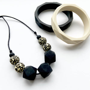 Teething Necklace - Black and Leopard Print - Geometric Silicon Bead Teething Jewellery - Mama Knows