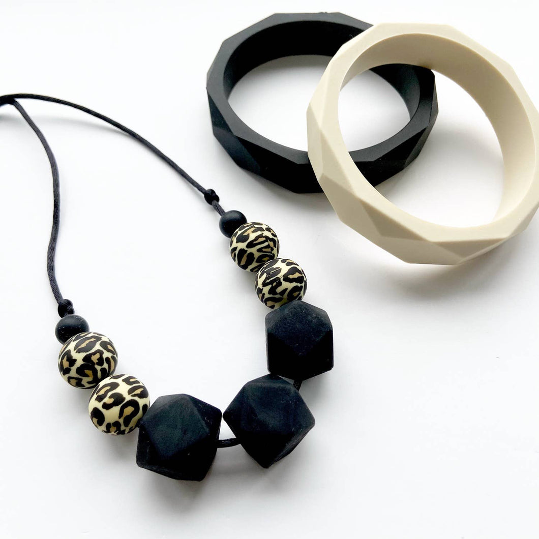 Teething Necklace - Black and Leopard Print - Geometric Silicon Bead Teething Jewellery - Mama Knows