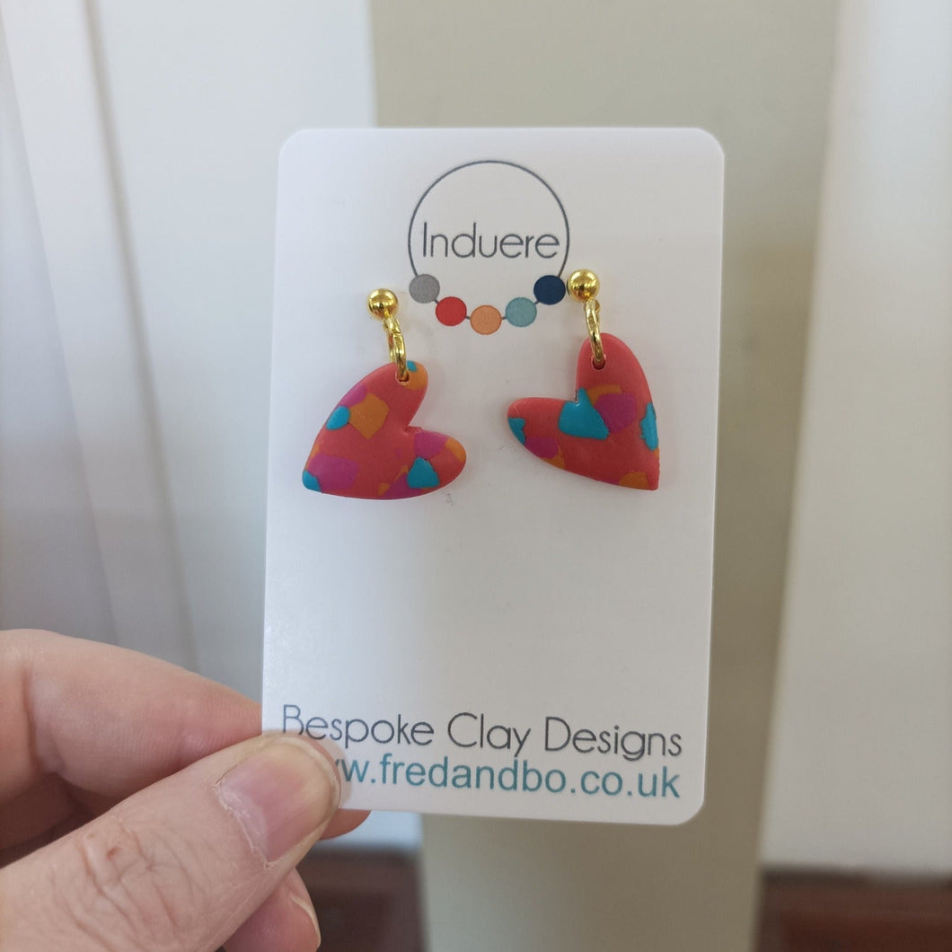 Polymer Clay Earrings - Orange Marble Heart Studs - Induere