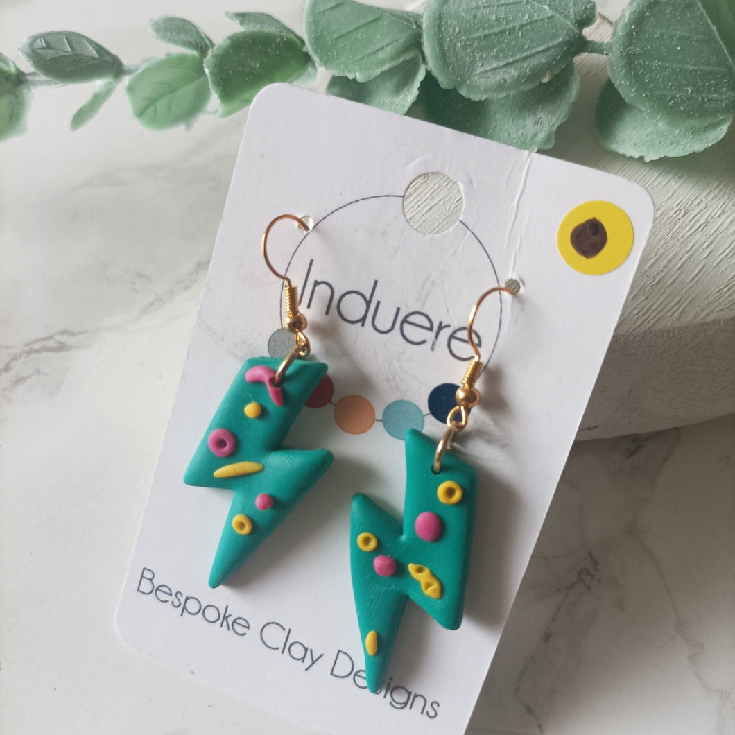 Polymer Clay Earrings - Green Lightning Bolt 80s style Drop Earrings - Induere