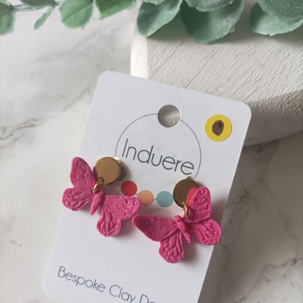 Polymer Clay Earrings - Pink Butterfly Stud Earrings - Induere