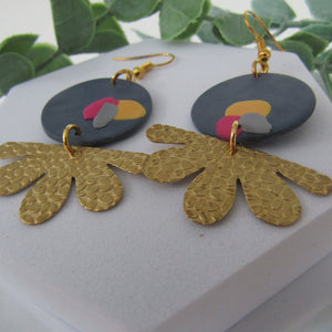 Polymer Clay Earrings - Blue and Gold Circle Drop Earrings - Induere