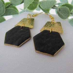 Polymer Clay Earrings - Black and Gold Geometric Drop Earrings - Induere