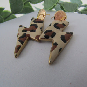Polymer Clay Earrings - Leopard Print Lightning Bolt Drop Earrings - Induere