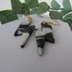 Polymer Clay Earrings - Black and White Marble Lightning Bolt Earrings - Induere