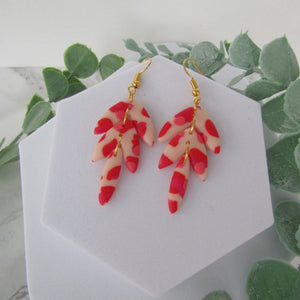 Polymer Clay Earrings - Red and Pink Leopard Print Triple Leaf Drop Earrings - Induere