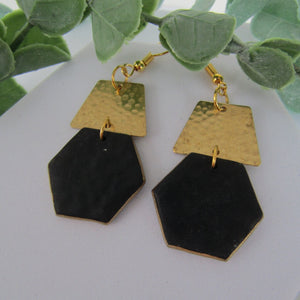 Polymer Clay Earrings - Black and Gold Geometric Drop Earrings - Induere