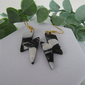 Polymer Clay Earrings - Black and White Marble Lightning Bolt Earrings - Induere