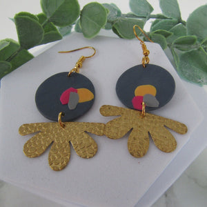 Polymer Clay Earrings - Blue and Gold Circle Drop Earrings - Induere