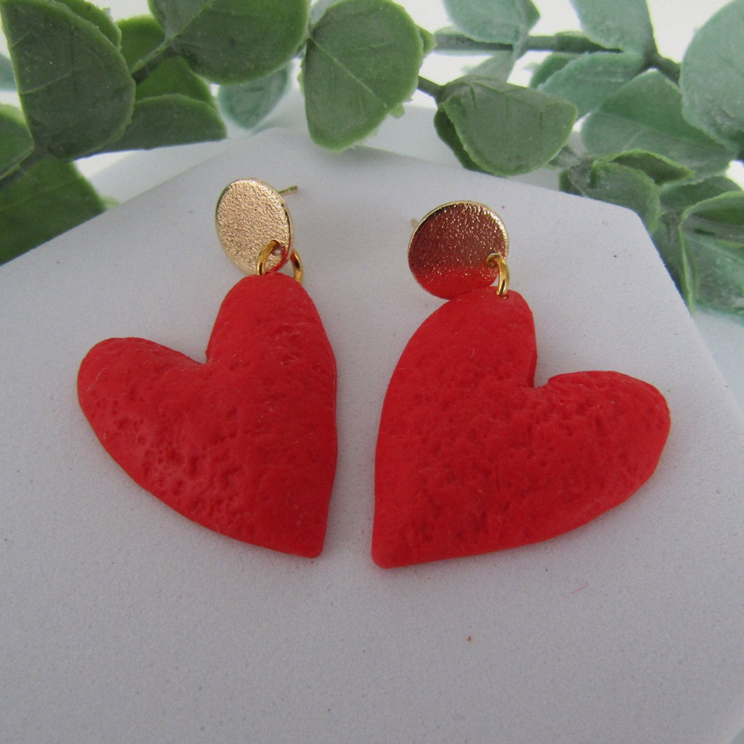 Polymer Clay Earrings - Red Textured Heart Earrings - Induere