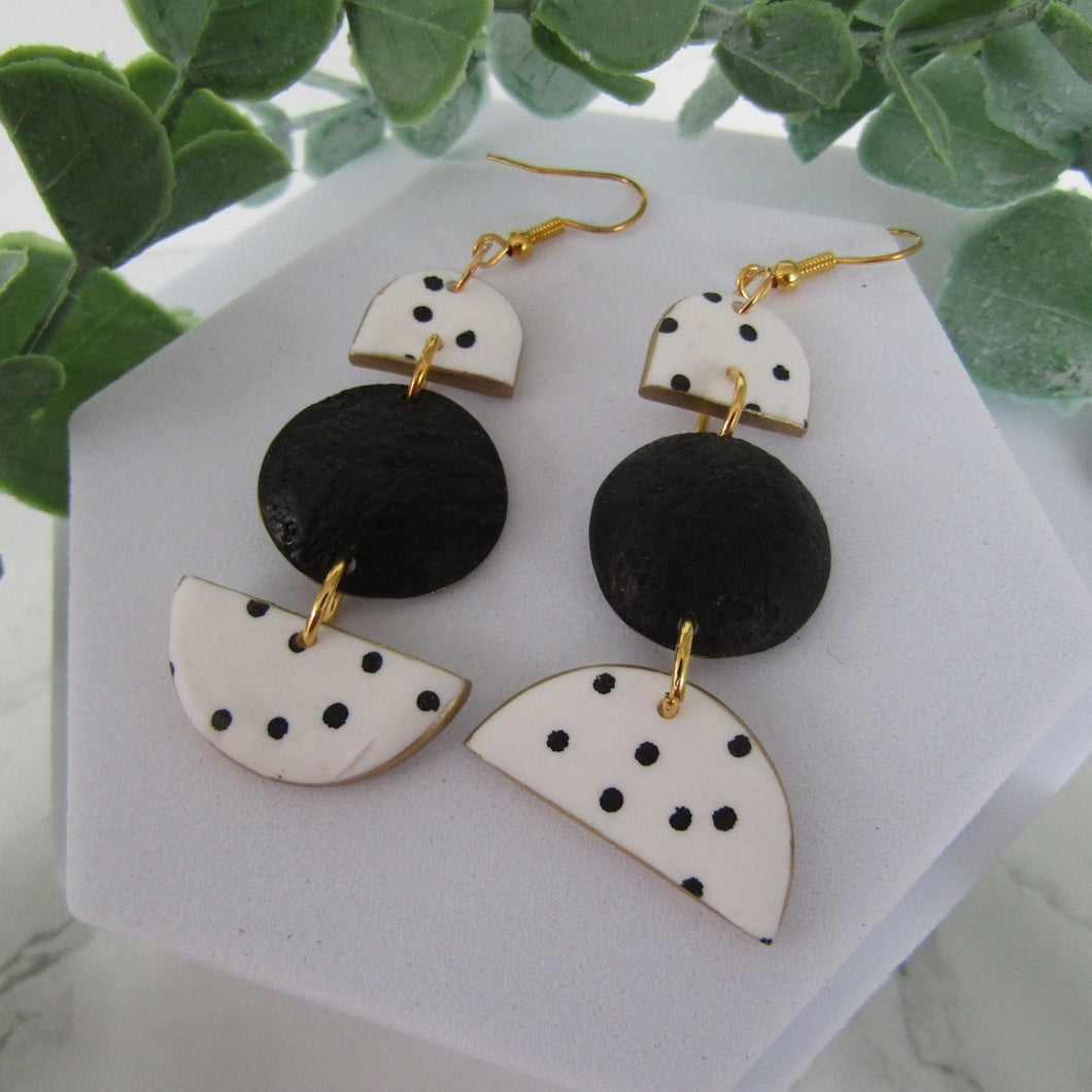 Polymer Clay Earrings - Triple Drop Black and White Polka Dot Earrings - Induere