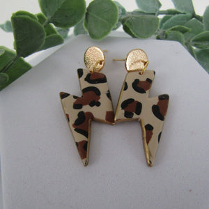Polymer Clay Earrings - Leopard Print Lightning Bolt Drop Earrings - Induere