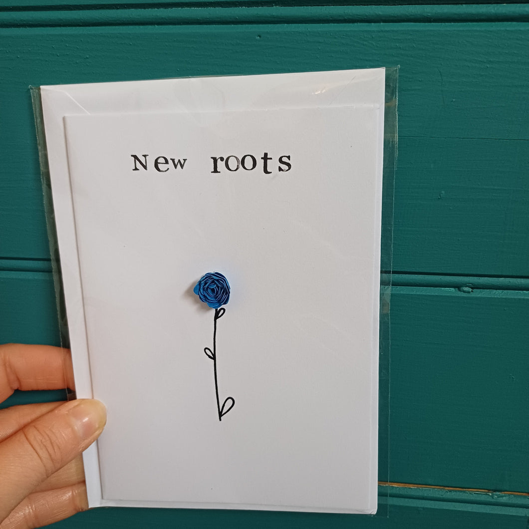 Greetings Card - New Roots  - New Job / New Home - Blue Rolled Paper Rose - Flowers by Laurzy