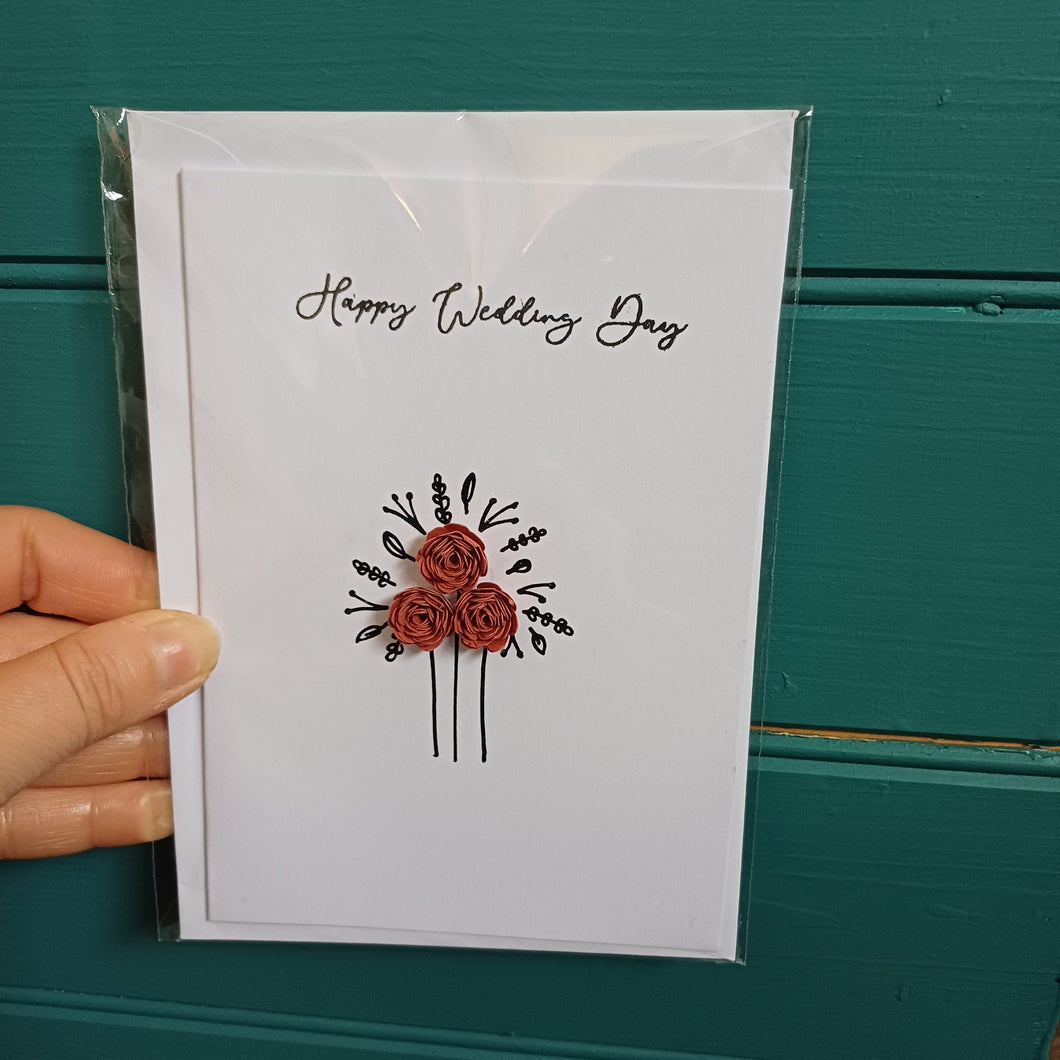 Greetings Card - Happy Wedding Day - Hand Rolled Paper Rose Bouquet - Flowers by Laurzy