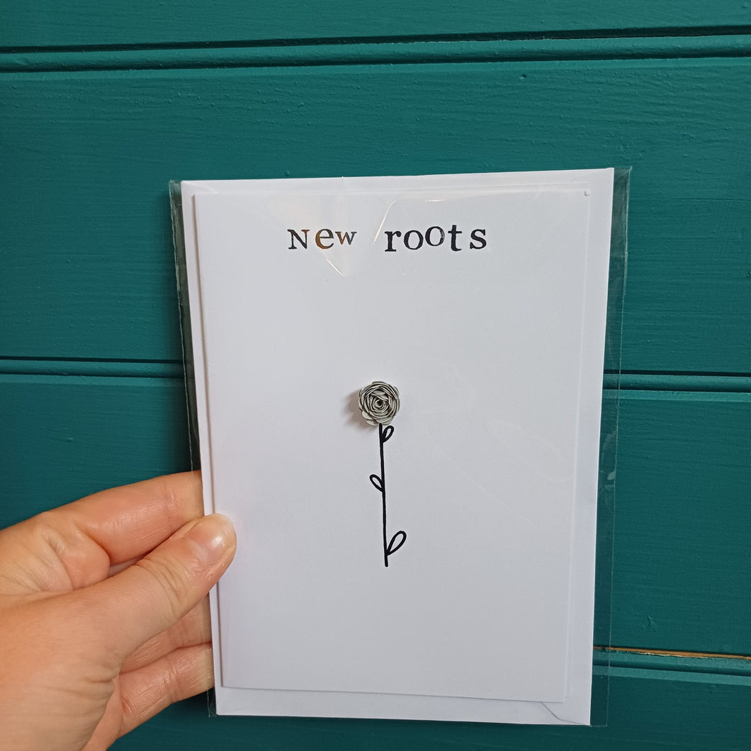 Greetings Card - New Roots  - New Job / New Home - Grey Rolled Paper Rose - Flowers by Laurzy