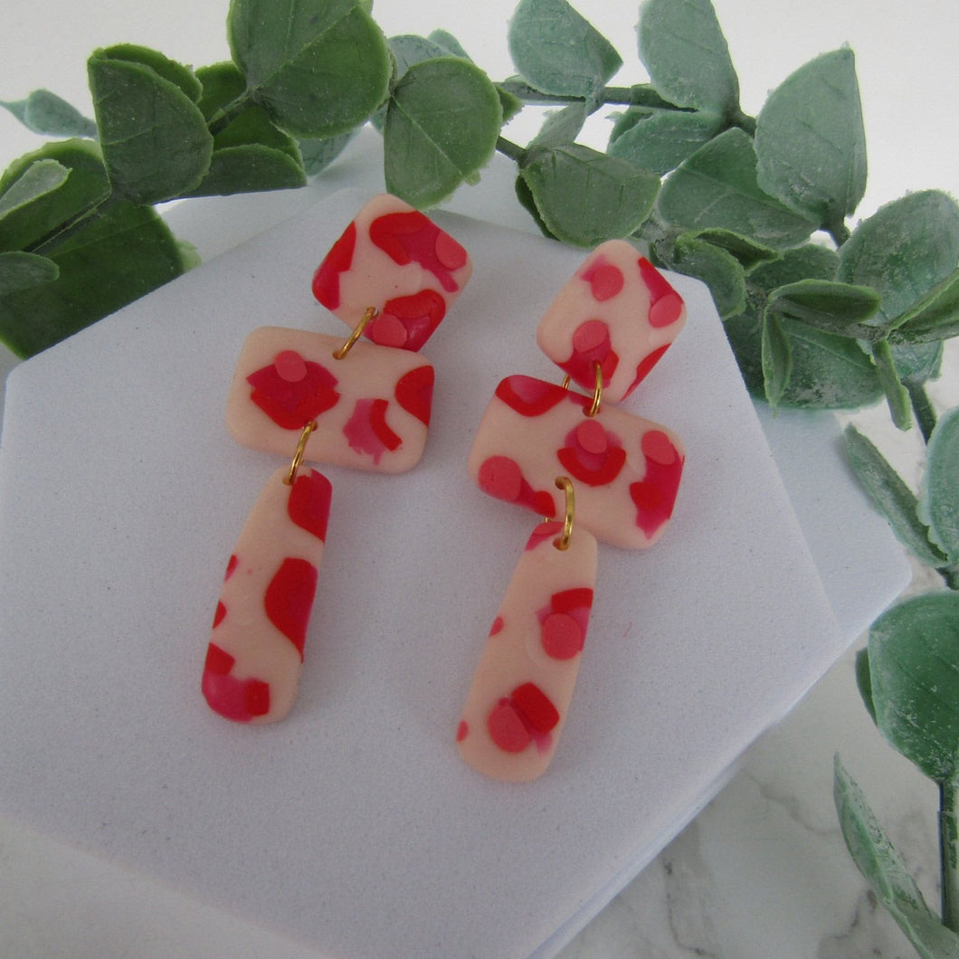 Polymer Clay Earrings - Triple Drop Red Leopard Print Earrings - Induere