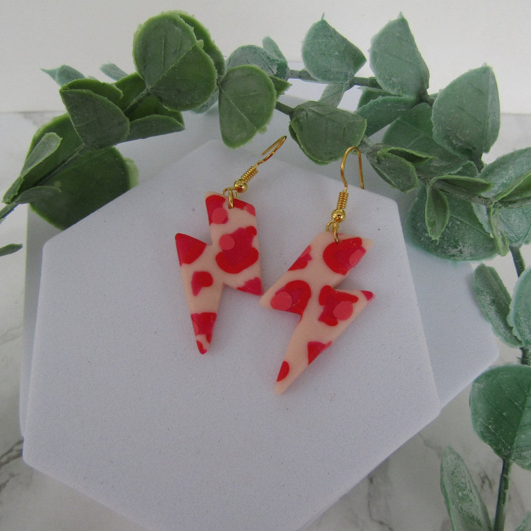 Polymer Clay Earrings - Red and Pink Leopard Print Lightning Bolt Earrings - Induere
